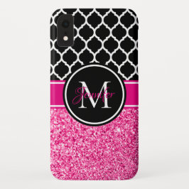 Glitterend roze zwart en wit vakwerk monogram Case-Mate iPhone case