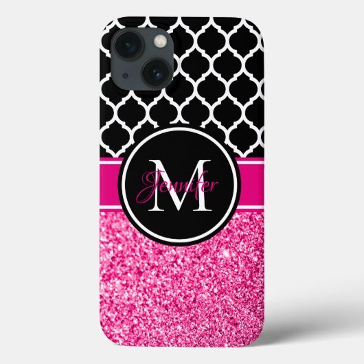 Glitterend roze zwart en wit vakwerk monogram Case-Mate iPhone case (Achterkant)