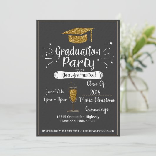 Glitterend schoolbord afstudeerfeest uitnodiging (Staand voorkant)