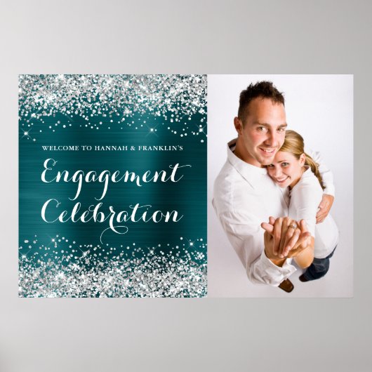 Glitterend Zilver Blauw Turquoise Verlovingsfeest Poster (Voorkant)