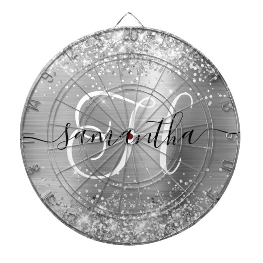 Glitterend Zilver Glam Monogram Dartbord (Voorkant)