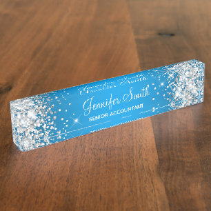 Glitterend Zilver Glitter Azure Gradiënt Naambordje