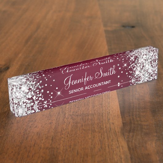 Glitterend Zilver Glitter Bourgondi Gradiënt Naambordje (Zijkant)