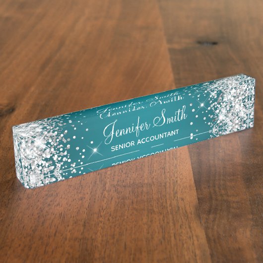 Glitterend Zilver Glitter Donker Turquoise Verloop Naambordje (Zijkant)