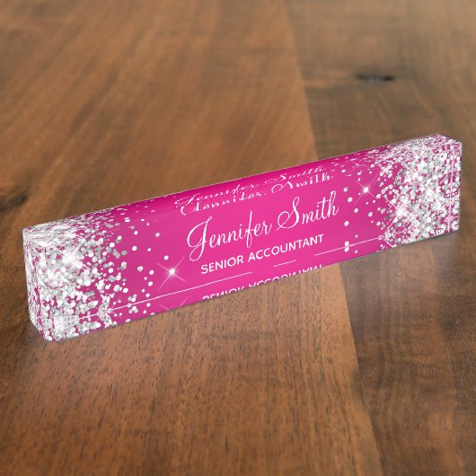 Glitterend Zilver Glitter Heet Roze Gradiënt Naambordje (Zijkant)