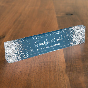 Glitterend Zilver Glitter Oceaanblauwe Gradiënt Naambordje
