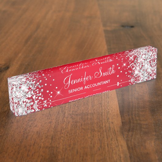 Glitterend Zilver Glitter Rode Gradiënt Naambordje (Zijkant)