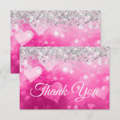 Glitterend Zilver Glitter Roze Verlopen Hartjes Bedankkaart (Voorkant / Achterkant)