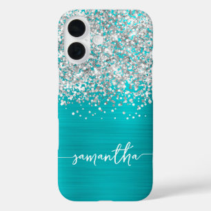 Glitterend Zilver Glitter Turquoise Blauwe Glam Na iPhone 16 Hoesje