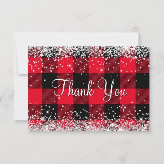 Glitterend Zilver Glitters Rode Buffalo Plaid Bedankkaart (Voorkant)