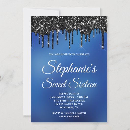 Glitterend Zwarte Glitters Blauwe Ombre Sweet Sixt Kaart (Voorkant)