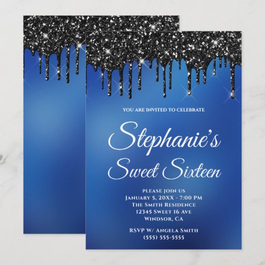 Glitterend Zwarte Glitters Blauwe Ombre Sweet Sixt Kaart (Voorkant / Achterkant)