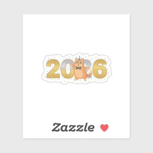 Glitterende 2026 Kat Goud & Zilver Nieuwjaarsnumme Sticker (Vel)