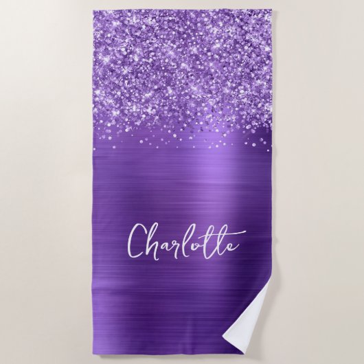 Glitterende Amethist Paarse Glam Naam Strandlaken (Voorkant)