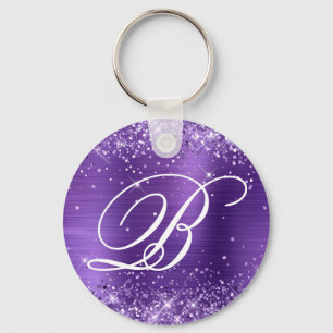 Glitterende Amethyst Folie Fancy Monogram Sleutelhanger