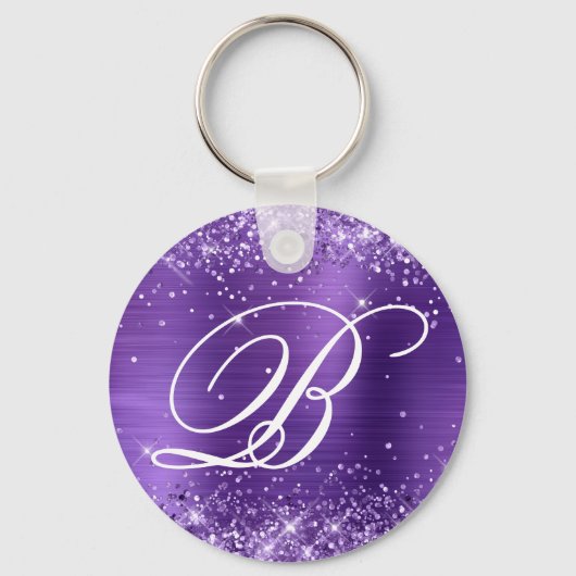 Glitterende Amethyst Folie Fancy Monogram Sleutelhanger (Voorkant)