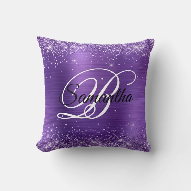 Glitterende Amethyst Folie Fantasie Monogram Kussen (Voorkant)
