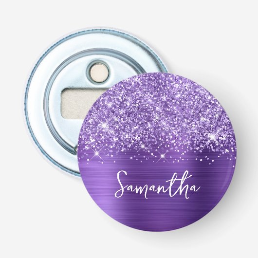 Glitterende Amethyst Paarse Glam Naam Button Flesopener (Voorkant)