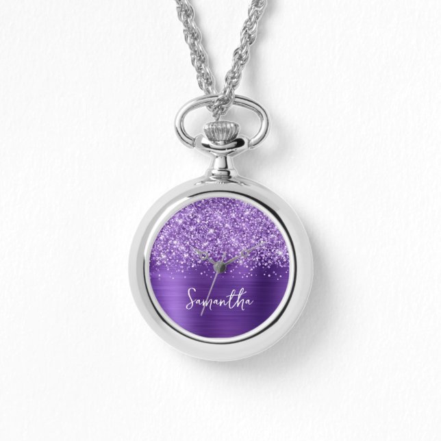 Glitterende Amethyst Paarse Glam Naam Horloge (Voorkant)