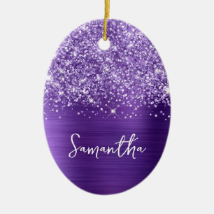 Glitterende Amethyst Paarse Glam Naam Ovaal Foto Keramisch Ornament