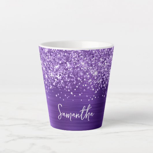 Glitterende Amethyst Paarse Glam Schrift Naam Latte Mok (Voorkant)