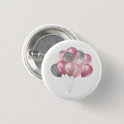 Glitterende ballonbos in roze en zilver ronde button 3,2 cm (Voorkant /achterkant)