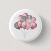 Glitterende ballonbos in roze en zilver ronde button 3,2 cm (Voorkant)