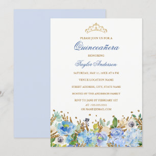 Glitterende Blauwe Bloemige Quinceanera Uitnodigin Kaart