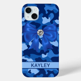 Glitterende Blauwe Camouflage Gepersonaliseerd iPhone 15 Mini Hoesje