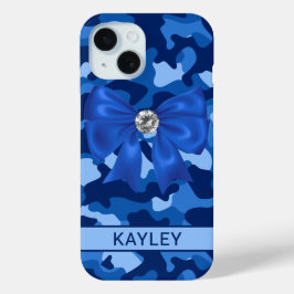 Glitterende Blauwe Camouflage Gepersonaliseerd iPhone 15 Case