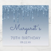 Glitterende Blauwe Glitter Drip 70e Verjaardagsfee Sparkling Wijnetiket (Enkel label)