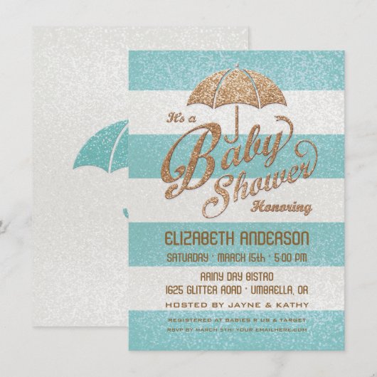 Glitterende Blauwe & Gouden Baby Boy Douche Uitnod Kaart (Voorkant / Achterkant)