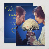 Glitterende blauwe & gouden foto elopementaankondi kaart (Voorkant / Achterkant)