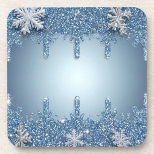 Glitterende Blauwe Sneeuwvlok Frame Met IJskristal Bier Onderzetter