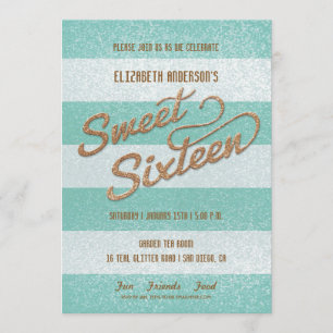 Glitterende Blauwgroen Bold Stripes Sweet Sixteen Kaart