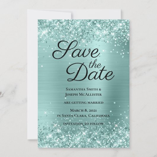 Glitterende Bleek Turquoise Ombre Folie Save The Date (Voorkant)