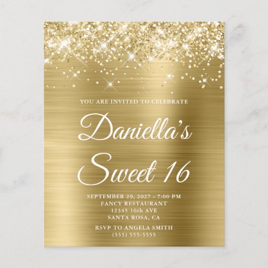 Glitterende Bleke Gouden Folie Sweet 16 Budget Uit (Voorkant)