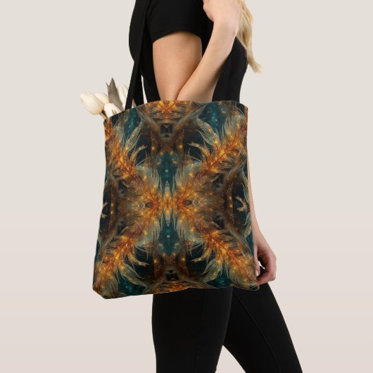 Glitterende bruine veren tote bag (Dichtbij)