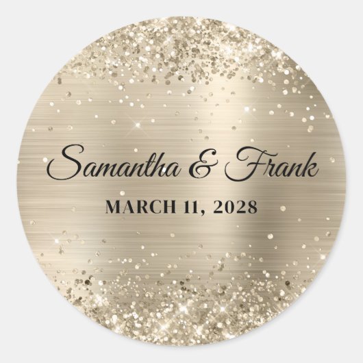 Glitterende Champagne Folie Bruiloft Ronde Sticker (Voorkant)
