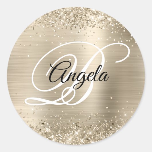Glitterende Champagne Folie Fancy Monogram Ronde Sticker (Voorkant)