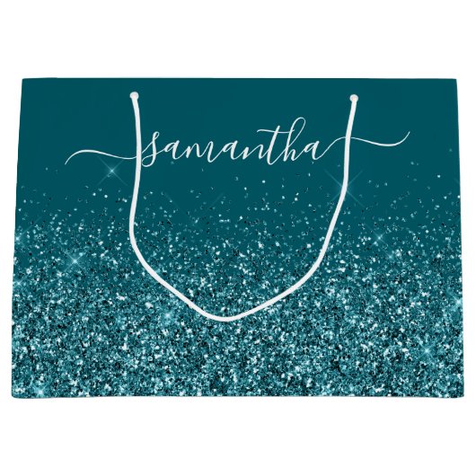 Glitterende donkerteal elegante handtekening naam groot cadeauzakje (Voorkant)