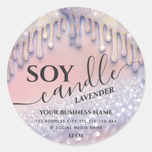 Glitterende druppels luxe moderne soja kaars klass ronde sticker (Voorkant)