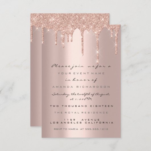 Glitterende druppels roze gouden formele uitnodigi kaart (Voorkant / Achterkant)