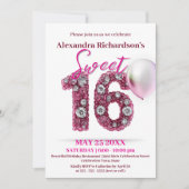 Glitterende edelstenen en roze ballon Sweet 16 Kaart (Voorkant)