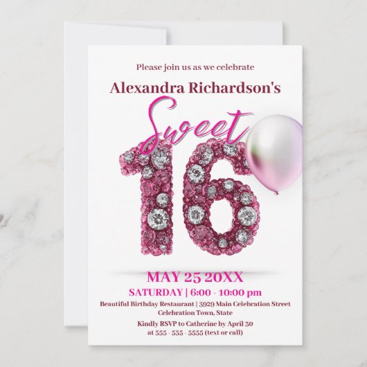 Glitterende edelstenen en roze ballon Sweet 16 Kaart (Voorkant)