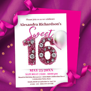 Glitterende edelstenen en roze ballon Sweet 16 Kaart