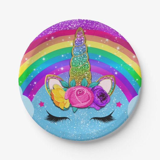 Glitterende Eenhoorn Hoorn Gezicht Feest Regenboog Papieren Bordje (Voorkant)