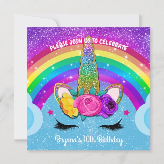 Glitterende Eenhoorn Hoorn Regenboog Sprankel Fees Kaart (Voorkant)