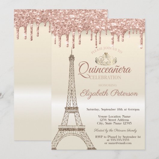 Glitterende Eiffeltoren,Tiara,Druppels Quinceañera Kaart (Voorkant / Achterkant)