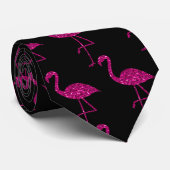 Glitterende flamingo nepschitterpatroon Zwart Stropdas (Opgerold)